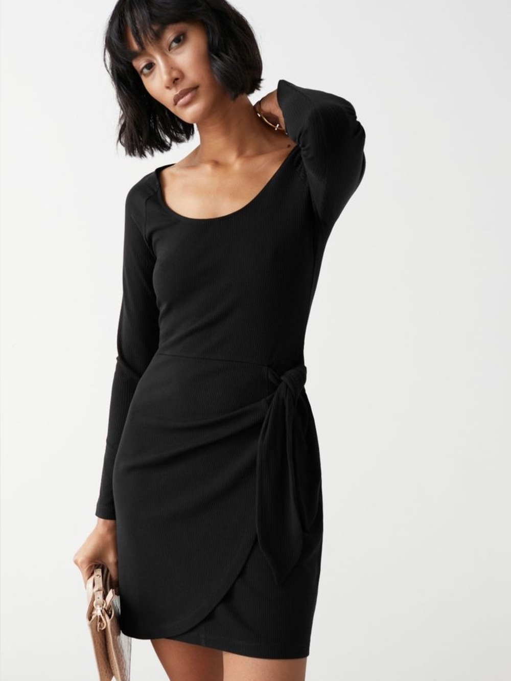 & Other Stories Fitted Tie Waist Mini Dress In Black Size M